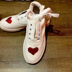While Canvas Sneakers with Red Glittery Heart. Size 39. Never worn. Valentine